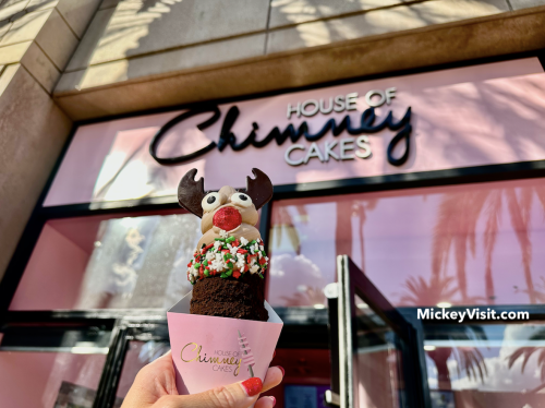 Image of a dessert being held up in the air in front of a pink sign that reads "House of Chimney Cakes." The dessert is an ice cream cone, shaped like a reindeer. White, red, and green sprinkles can be seen under the ice cream swirl. The ice cream swirl is placed in a chocolate, soft-looking cone.