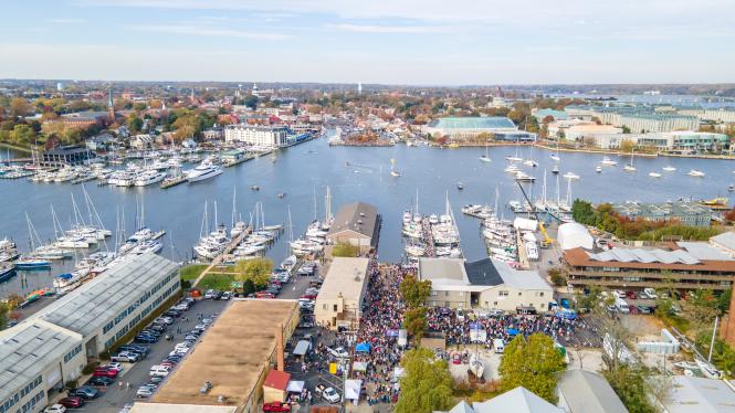 an aerial view of Annapolis City Dock during the annual tug of war