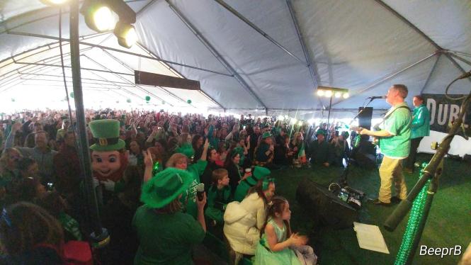A man dressed in green on a stage sings and plays guitar during a St. Patrick's Day Festival