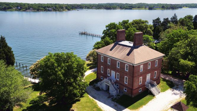 The William Brown House aerial view and the South River