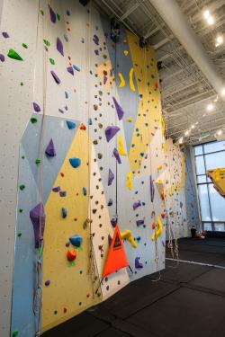 Indoor climbing wall featuring colorful holds and routes, with safety mats below. Brightly lit space encourages active engagement.