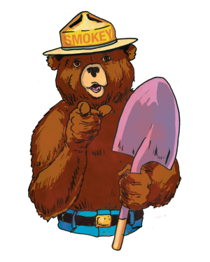 Illustration of Smokey Bear, the wildfire prevention mascot, pointing forward while holding a shovel.
