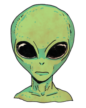 Illustration of a classic green alien character with large black eyes, often associated with sci‑fi themes.