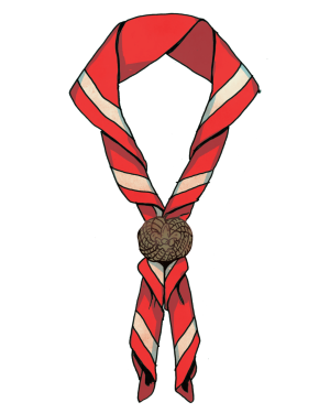 Red and white neckerchief with a round decorative clasp.