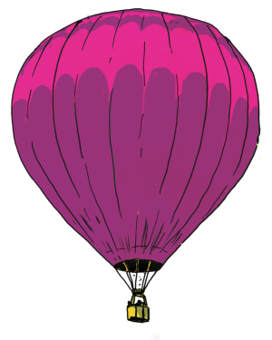 Illustration of a hot air balloon with a bright pink envelope and small basket.