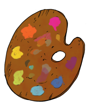 Illustration of an artist’s paint palette covered with colorful paint dabs.