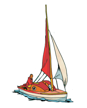 Illustration of a small sailboat with colorful sails and a person seated at the helm.