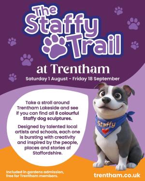 Poster for The Staffy Trail at Trentham, featuring Staffy and information about finding eight sculptures around Trentham Lakeside.
