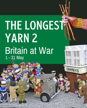 A graphic promoting The Longest Yarn 2, an exhibition of scenes from Britain during World War 2, featuring knitted characters