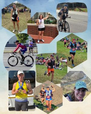 Picture includes a few different images of people participating in Rise Up Racing events. People riding bikes, running, and holding medals.
