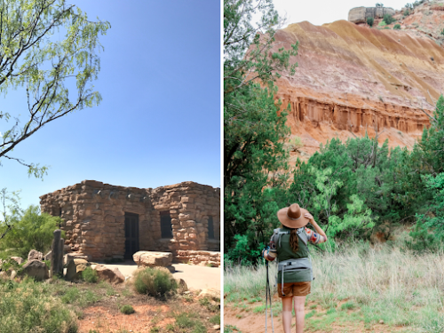 Palo Duro Cabins Collage - photo of Cabin on left and photo of woman hiking on right