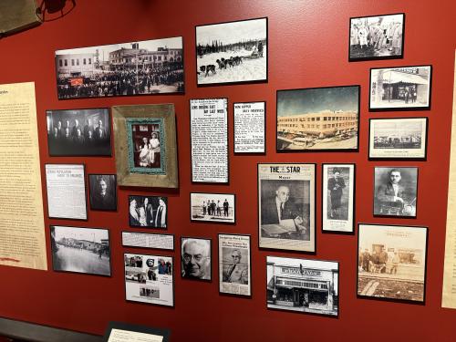 Wall display of photos and articles of Jewish families that have contributed to the growth of Alaska at the Alaska Jewish Museum in Anchorage, Alaska.
