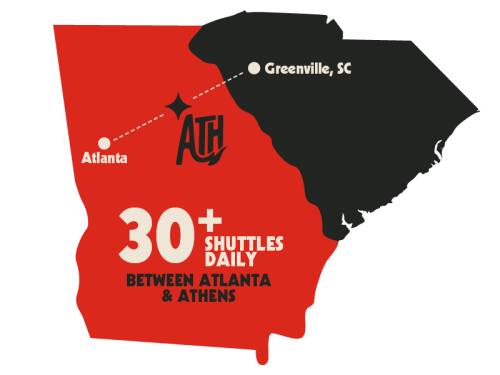 Map showing Athens location between Atlanta and Greenville