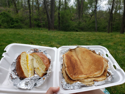 Brioche egg sandwich and cinnamon toast crunch pancakes