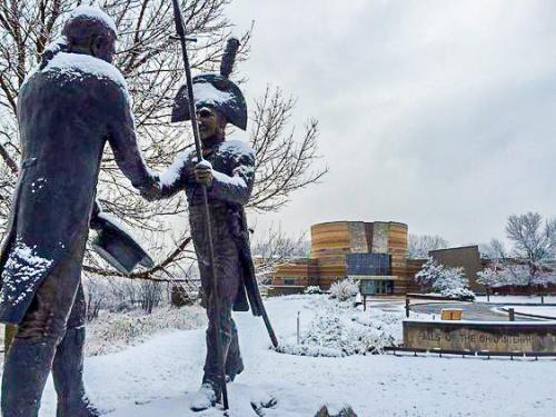 The Lewis and Clark statue covered in snow