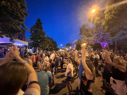 Large group dancing at Friday Fest in Downtown Greeley