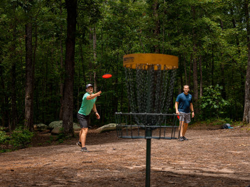Disc Golf Course East Clayton action shot of player throwing disc into basket.