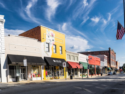 A shot of storefronts on Third Street in Downtown Smithfield, NC.