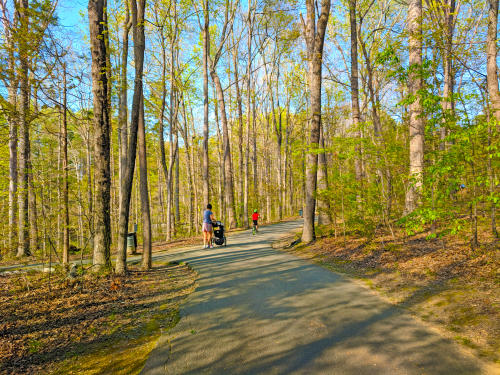 Visitors enjoy some fresh air on a paved, tree-lined trail at Jetton Park.