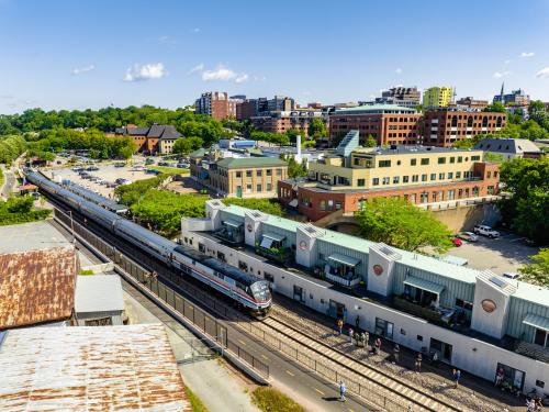 Amtrak train arriving in downtown Burlington VT on waterfront