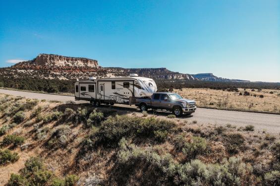 Truck pulling RV through Southern Utah