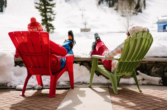 Skiers enjoying the patio at Solitude