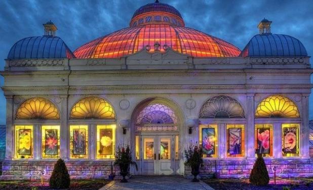 Buffalo and Erie County Botanical Gardens building lit up at night