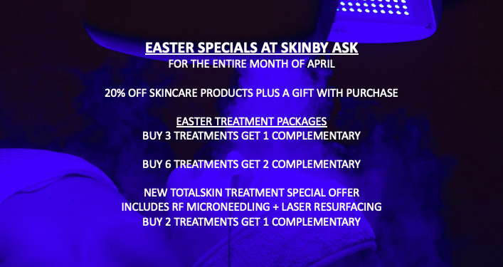 Blue and black card listing specials for April for Skin by ASK