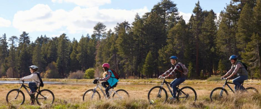 Family biking in outdoors