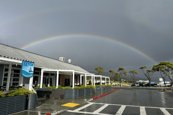 Ketch Harbor Pub outside with rainbow