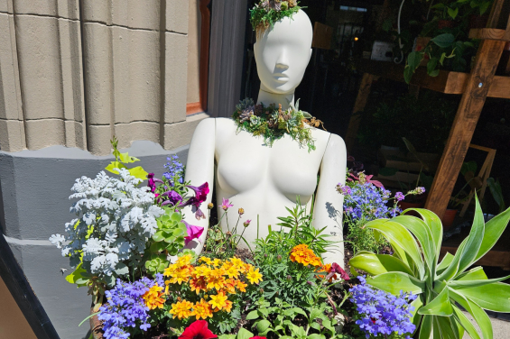 Little Gree statue with flowers with no border