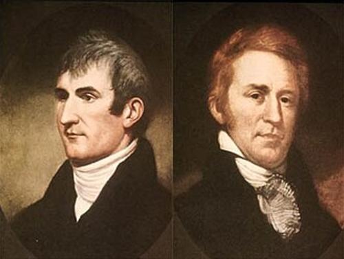 Side-by-side portrait paintings of Meriwether Lewis and William Clark, leaders of the Lewis and Clark Expedition, wearing dark coats and white cravats.