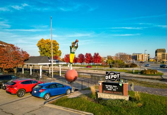The Depot Exterior and Donald Driver statue in Green Bay Wisconsin.