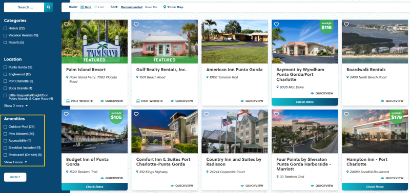 Where to Stay page with featured amenities highlighted.