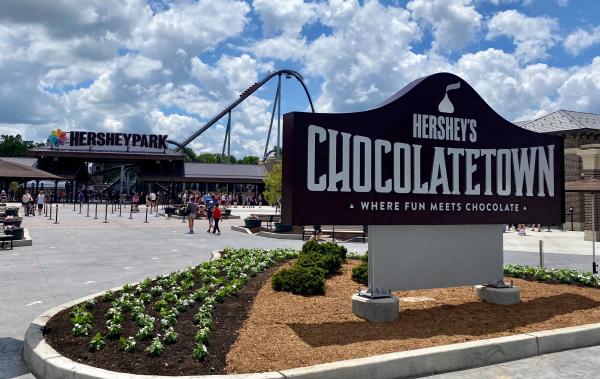 Hershey's Chocolatetown Entrance with coaster in background