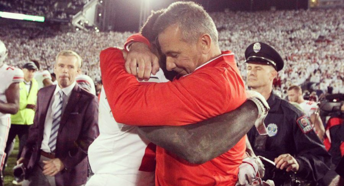 OSU's Urban Meyer and Parris Campbell Jr. embrace following a game