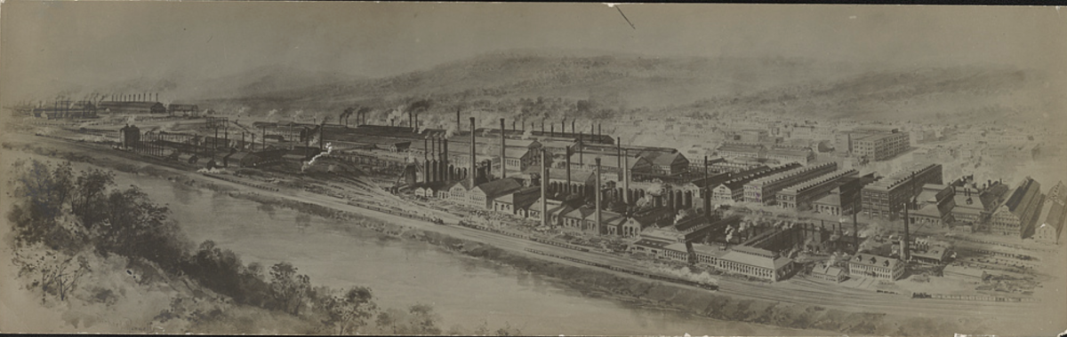 Postcard shows a photographic reproduction of a drawing of the Bethlehem Steel factory, near the river and railroad tracks in Bethlehem, Pennsylvania. 1908