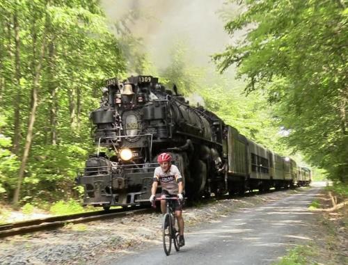 A man on a bike with a racing jersey and helmet rides his bike along a bike trail adjacent to a scenic trail railway with a steam engine running beside him.