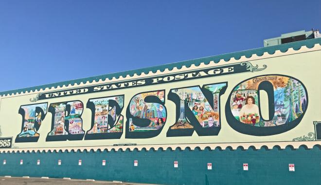 A colorful mural spelling out Fresno