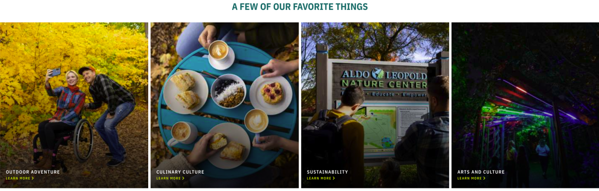 A screenshot from the Destination Madison website highlighting outdoor adventure, culinary culture, sustainability and the arts.