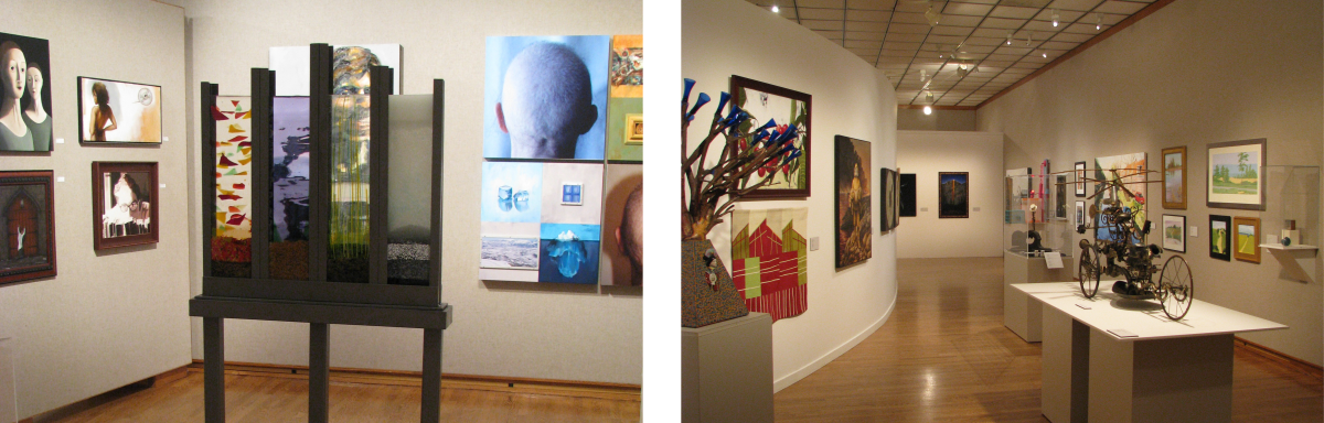 Interior of Muskegon Museum of Art displaying various artworks including paintings and a sculpture on pedestals. The walls are adorned with art depicting abstract and realistic themes.