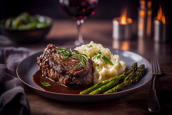 A dark plate sits on a dark wood table. On it is a short rib dish with pan sauce, mashed potatoes, and asparagus spears.