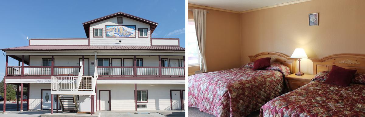 Interior and exterior of Whitney Portal Hotel and Hostel in Lone Pine, California