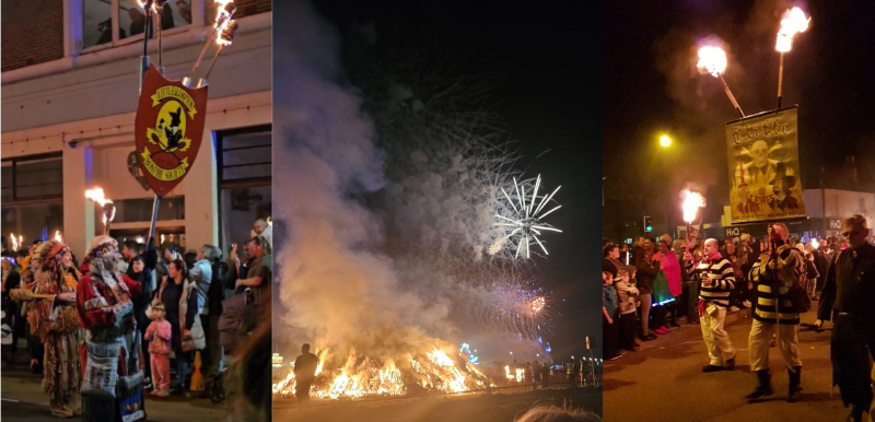 Sussex Bonfire Parades, with bonfire and characters holding torchlit signs