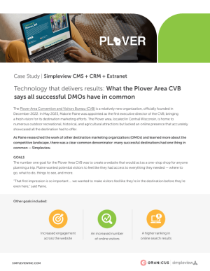 The front page of the Plover Simpleview CMS + CRM + Extranet case study.