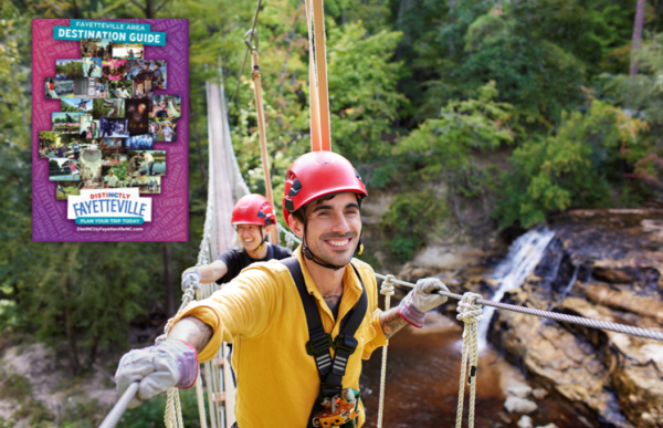 Men enjoying a day at Cumberland County's ZipQuest with the cover of the Greater Fayetteville Digital Destination Guide