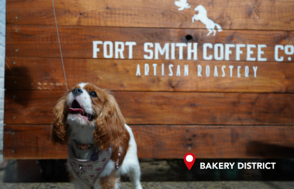 A happy dog looks at her owner in front of the Fort Smith Coffee Co. sign.