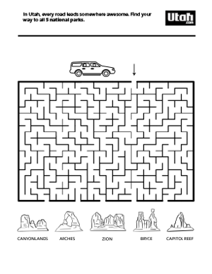 Utah themed roadtrip maze for kids