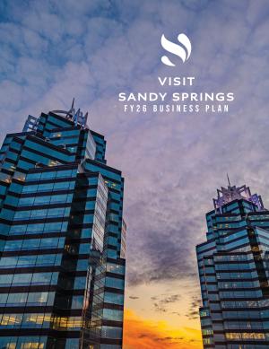 The cover of the Visit Sandy Springs FY26 Business Plan featuring an image of the King & Queen buildings.