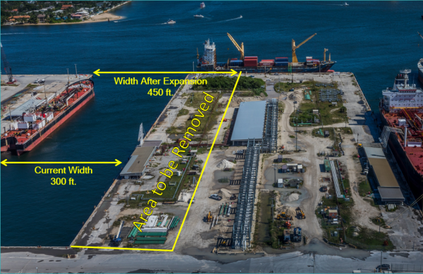 Aerial image showing the expansion of Slip 1 to widen the petroleum berthing area.